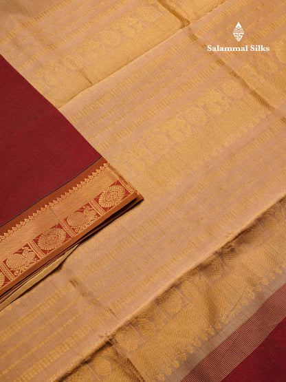 Beautiful Dark Maroon Vaira Oosi Lines Semi Silk Cotton Saree With Contrast Sandal Blouse