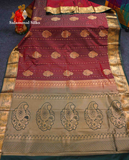 Beautiful Dark Maroon Zari Lines With Butta Semi Silk Saree With Contrast Bottle Green Traditional Border