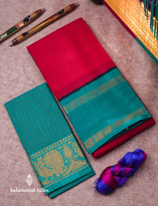 Reddish Pink Pure Sungudi Cotton Saree With Contrast Sapphire Green Gap Border