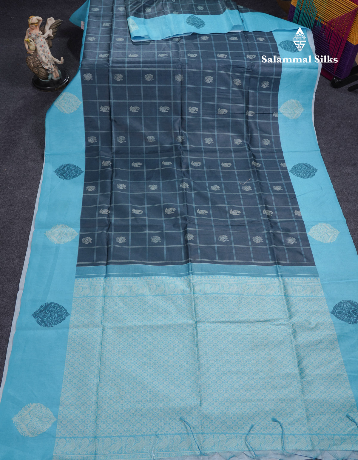 Rama Blue Checks With Butta Semi Tussar Saree With Contrast Sky Blue Fancy Border