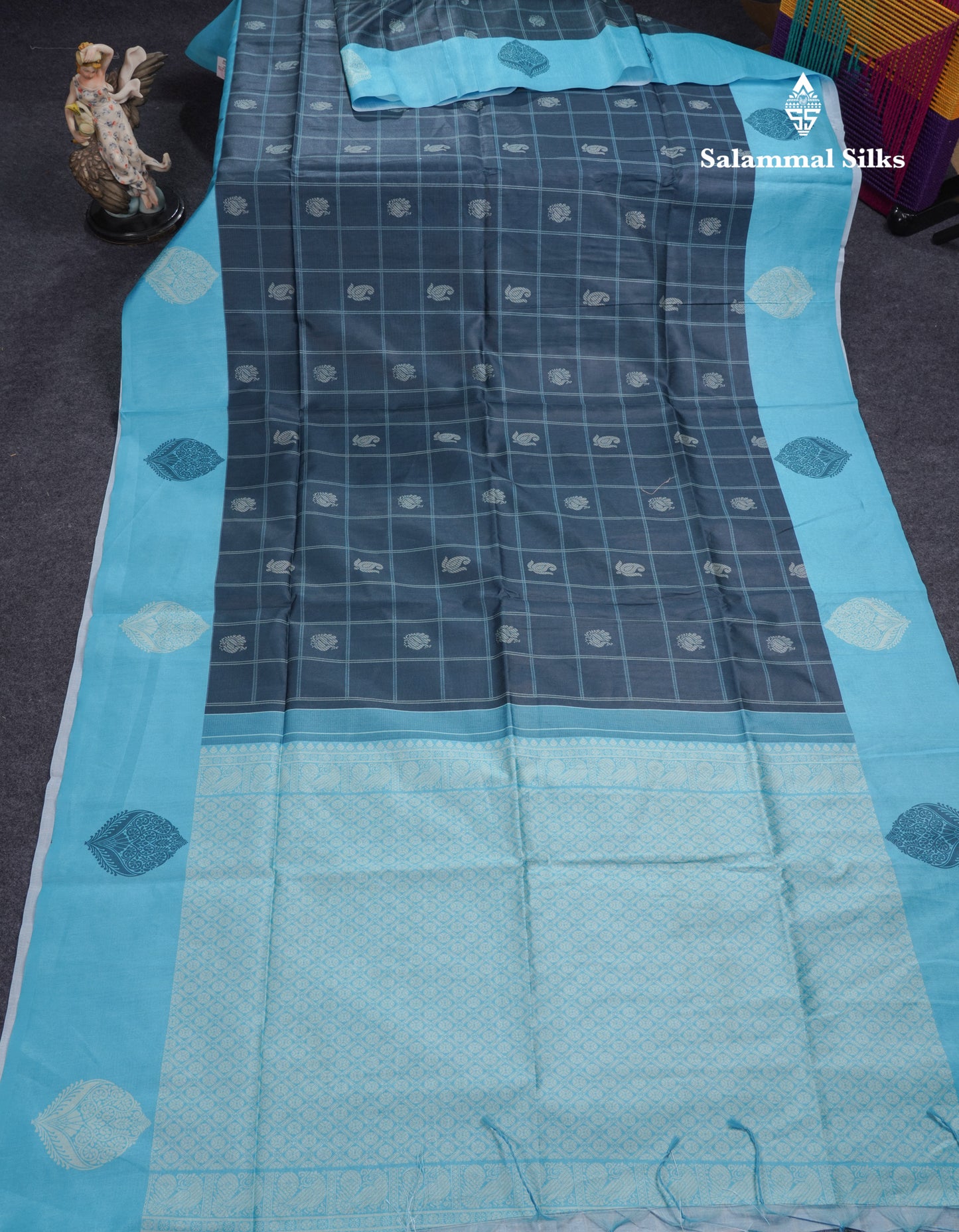 Rama Blue Checks With Butta Semi Tussar Saree With Contrast Sky Blue Fancy Border