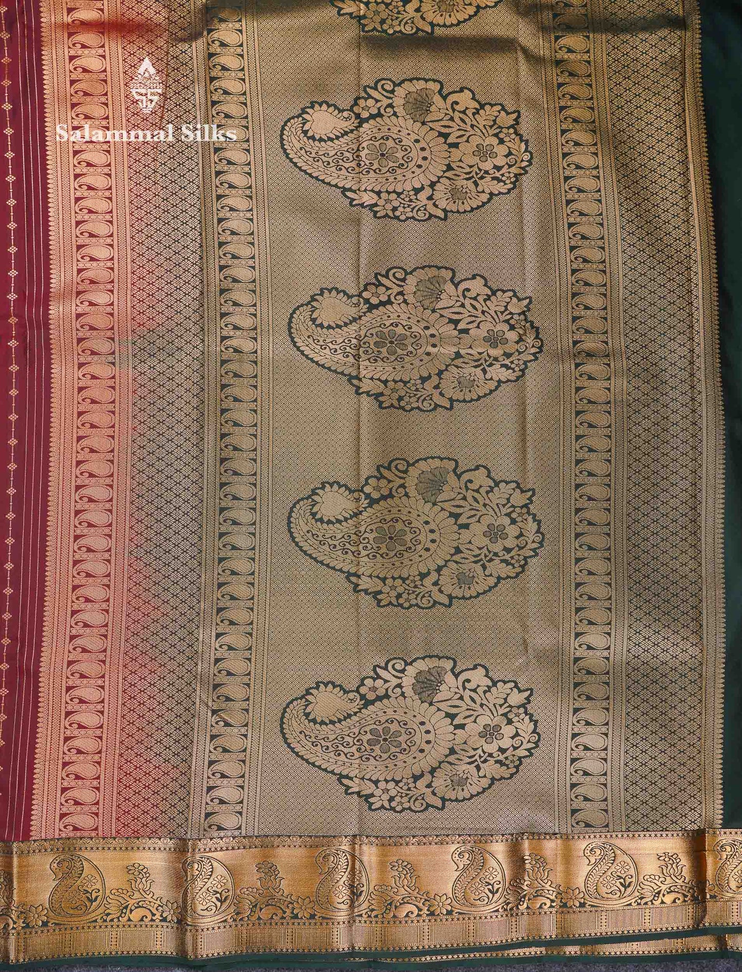 Beautiful Dark Maroon Zari Lines With Butta Semi Silk Saree With Contrast Bottle Green Traditional Border