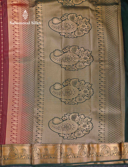 Beautiful Dark Maroon Zari Lines With Butta Semi Silk Saree With Contrast Bottle Green Traditional Border