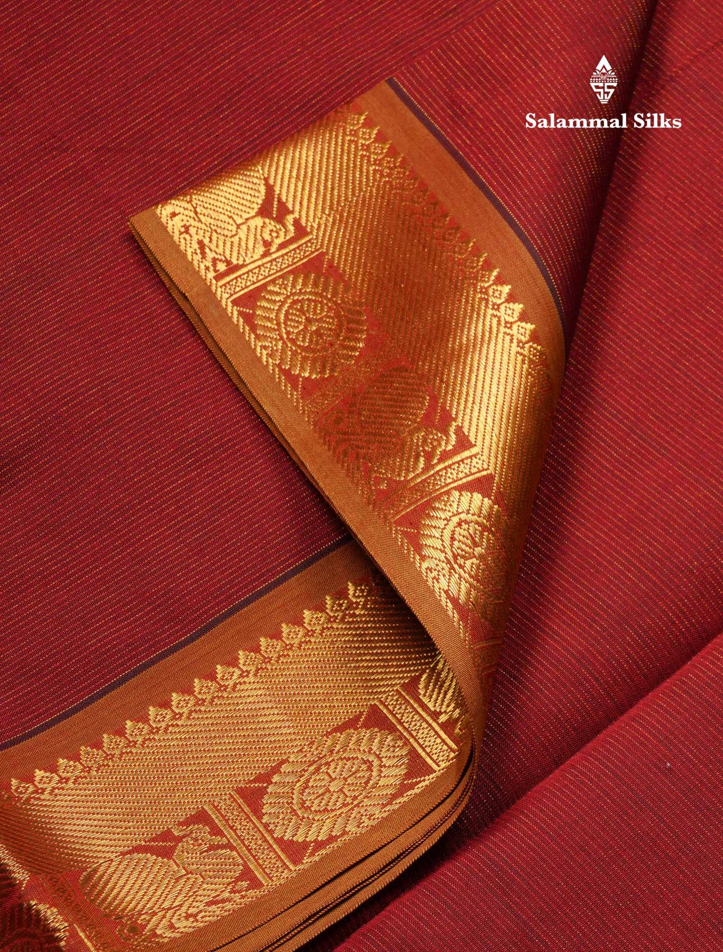 Beautiful Dark Maroon Vaira Oosi Lines Semi Silk Cotton Saree With Contrast Sandal Blouse