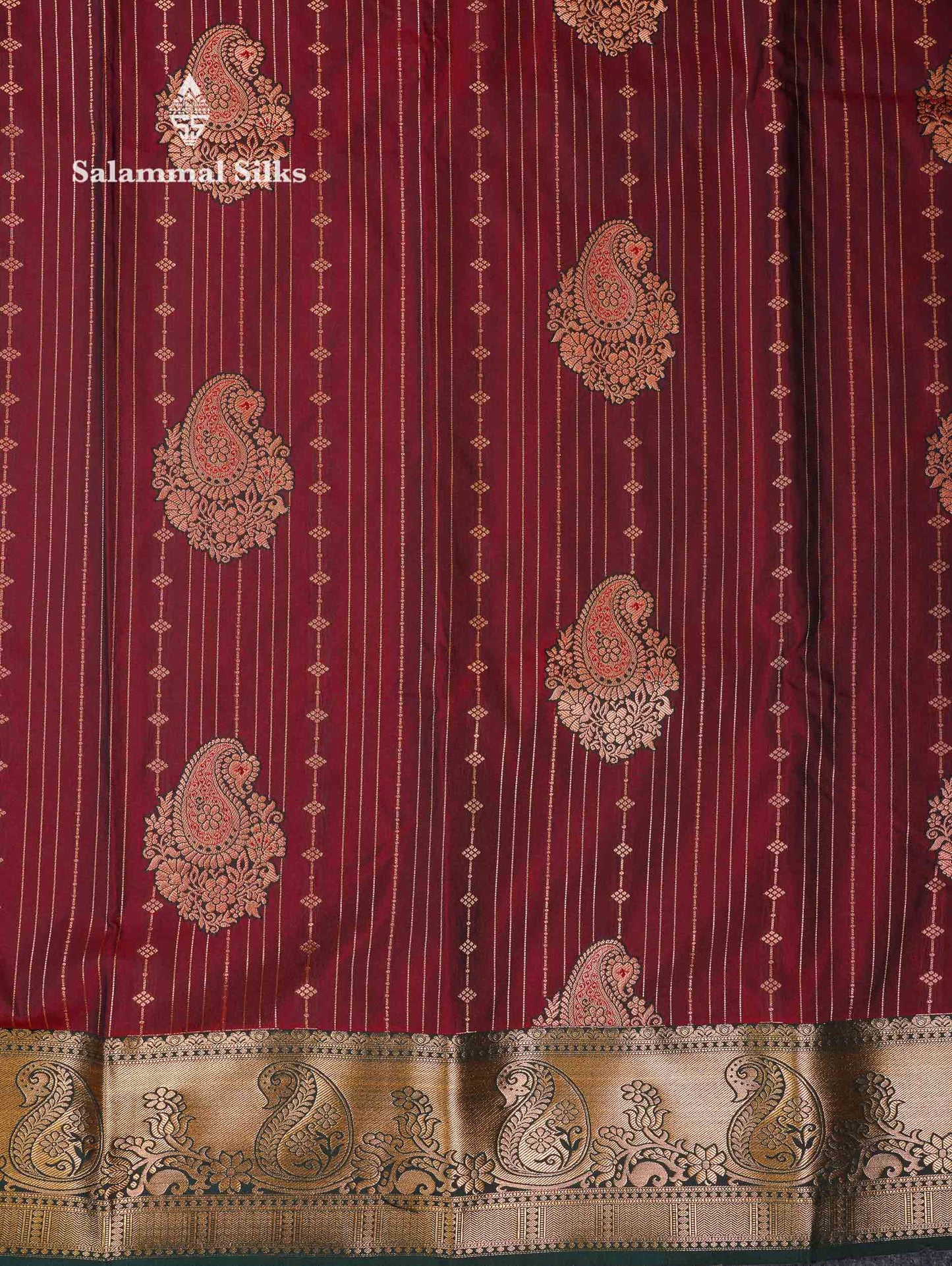 Beautiful Dark Maroon Zari Lines With Butta Semi Silk Saree With Contrast Bottle Green Traditional Border