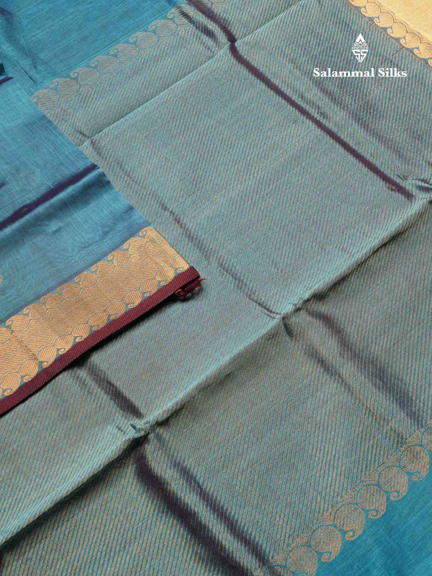 Beautiful Dual Tone Blue Semi Silk Cotton Saree With Traditional Evening Morning Border