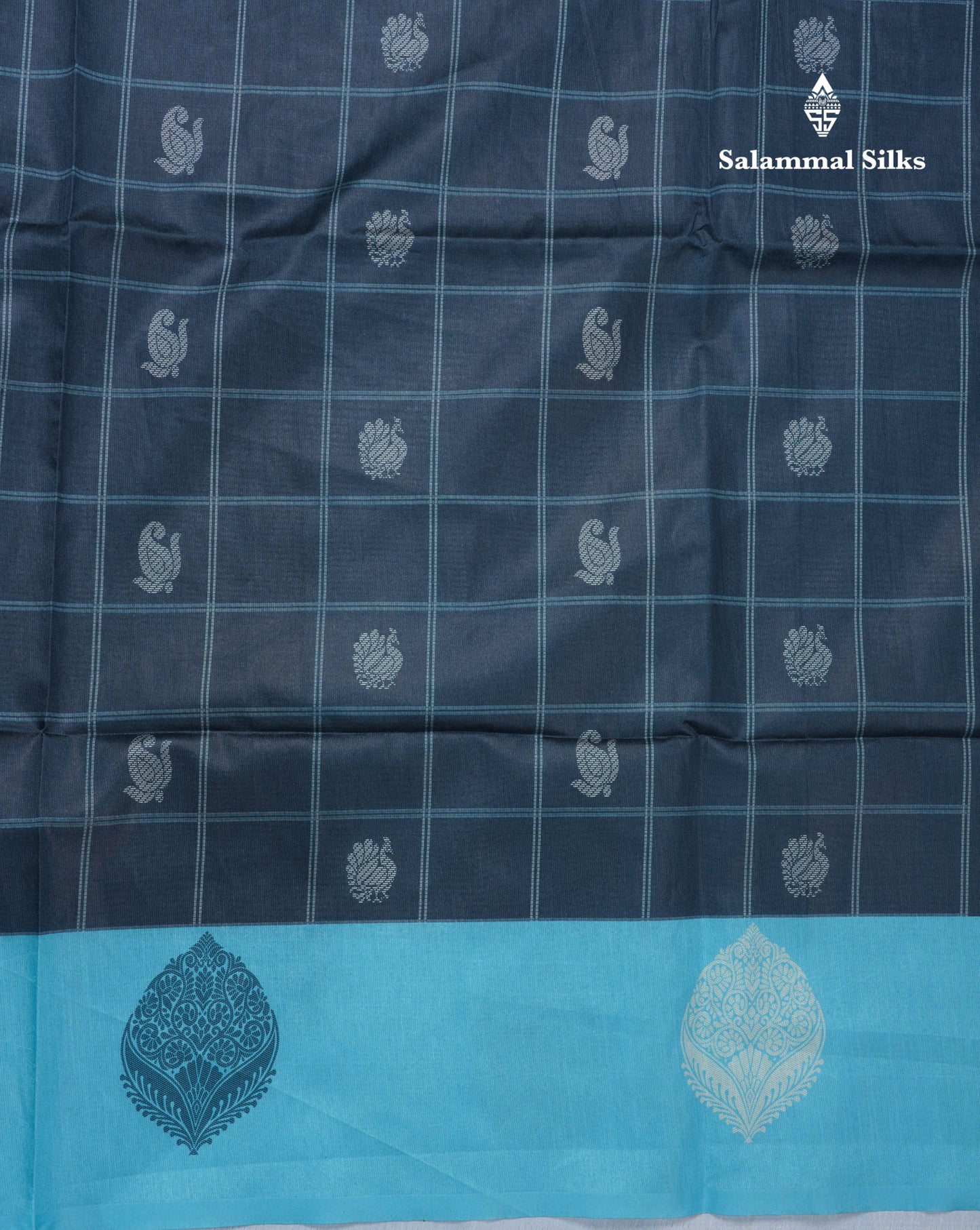 Rama Blue Checks With Butta Semi Tussar Saree With Contrast Sky Blue Fancy Border