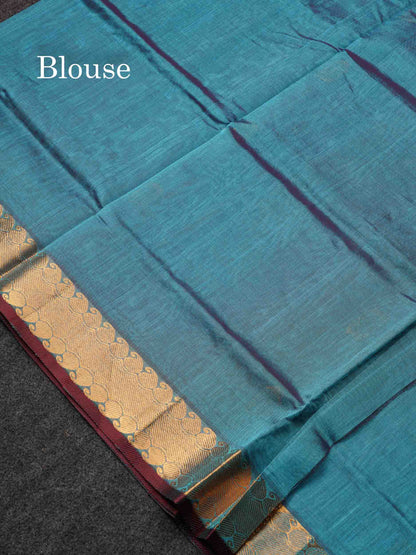 Beautiful Dual Tone Blue Semi Silk Cotton Saree With Traditional Evening Morning Border