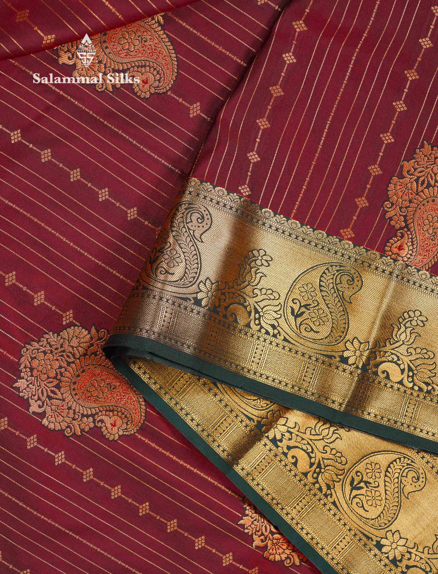 Beautiful Dark Maroon Zari Lines With Butta Semi Silk Saree With Contrast Bottle Green Traditional Border