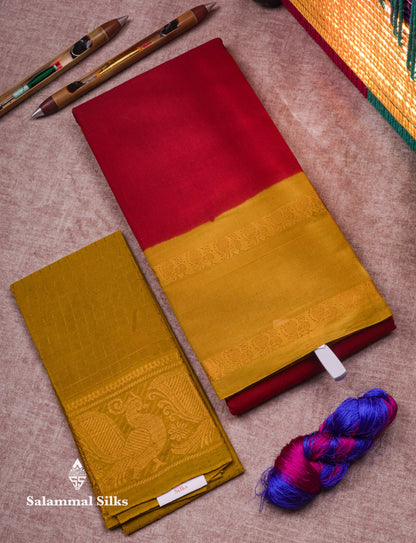 Reddish Pink Pure Sungudi Cotton Saree With Contrast Sapphire Green Gap Border
