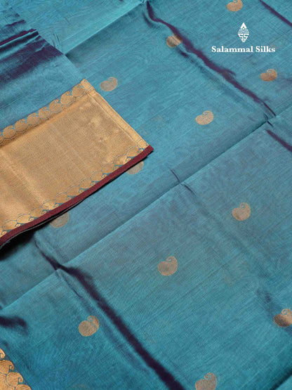Beautiful Dual Tone Blue Semi Silk Cotton Saree With Traditional Evening Morning Border