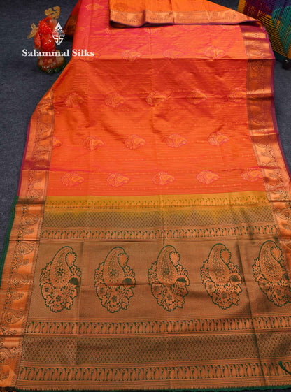 Beautiful Dark Maroon Zari Lines With Butta Semi Silk Saree With Contrast Bottle Green Traditional Border