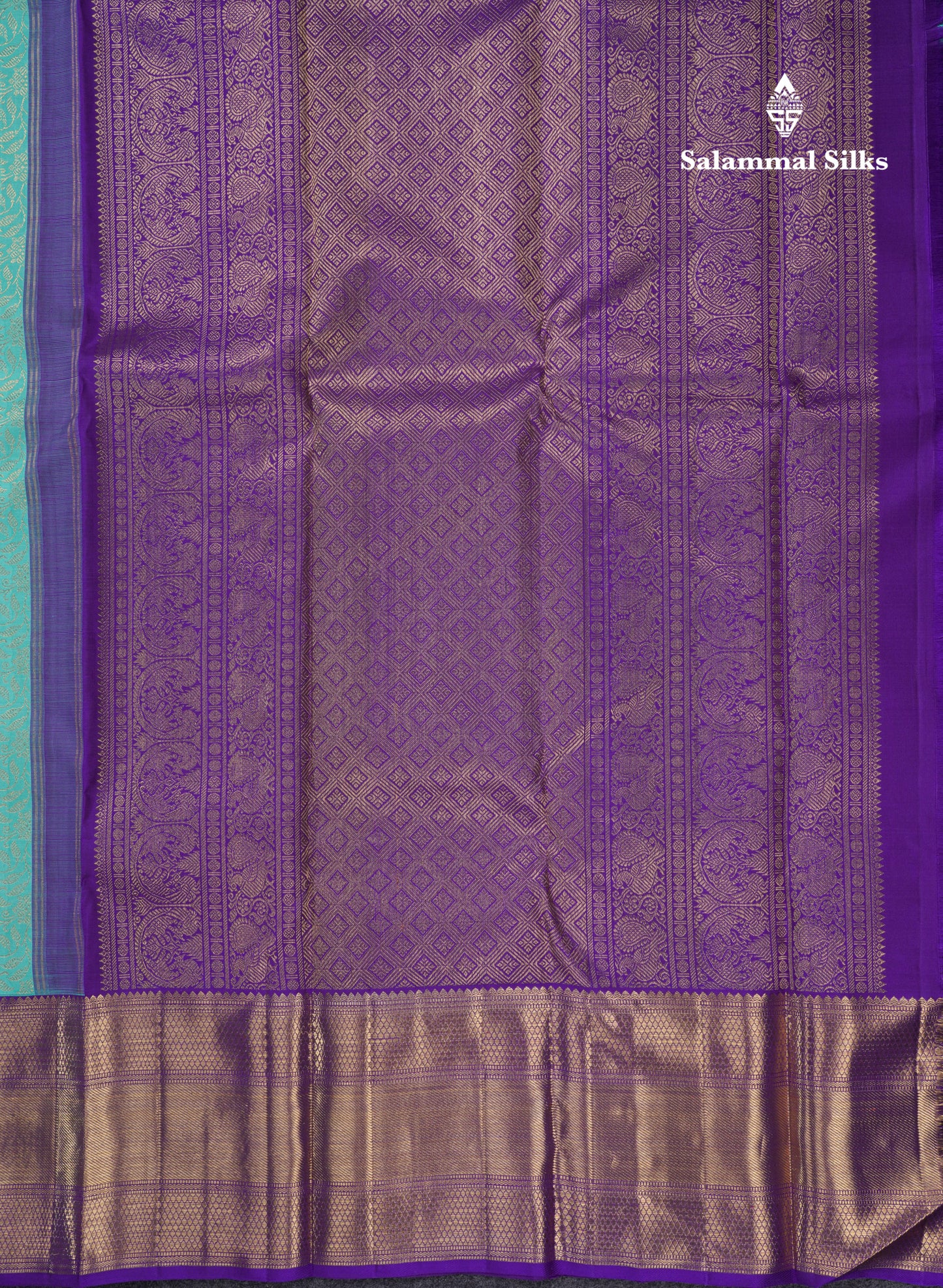 Korvai Sea Green Pure Kanjivaram Silk Saree 3G Zari with Contrast Violet Long Border