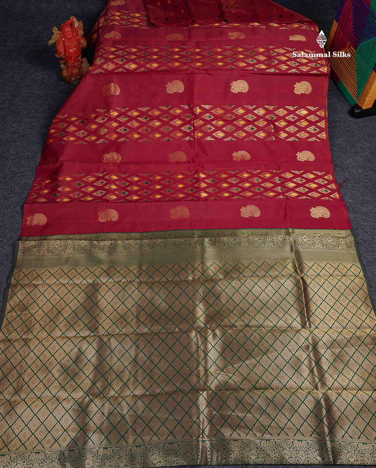 Semi Silk Saree - Maroon Colour Body With Contrast Bottle Green Blouse 