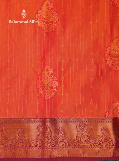Beautiful Dark Maroon Zari Lines With Butta Semi Silk Saree With Contrast Bottle Green Traditional Border