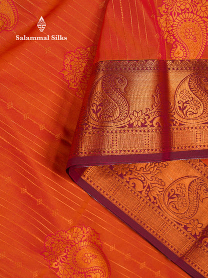 Beautiful Dark Maroon Zari Lines With Butta Semi Silk Saree With Contrast Bottle Green Traditional Border