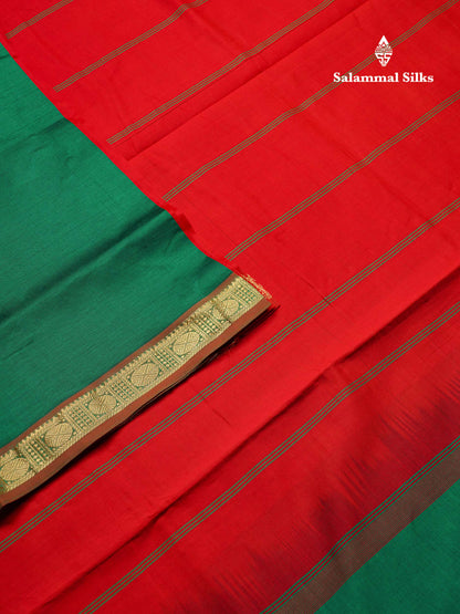Beautiful Bottle Green Plain Semi Silk Cotton Saree With Contrast Chilly Red Blouse