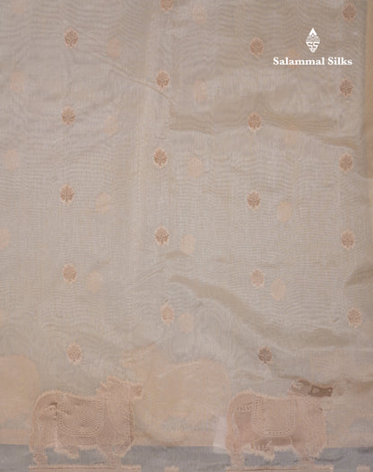 Beautiful Half White Semi Raw Silk Saree With Fancy Komatha Design Border