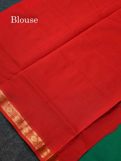 Beautiful Bottle Green Plain Semi Silk Cotton Saree With Contrast Chilly Red Blouse