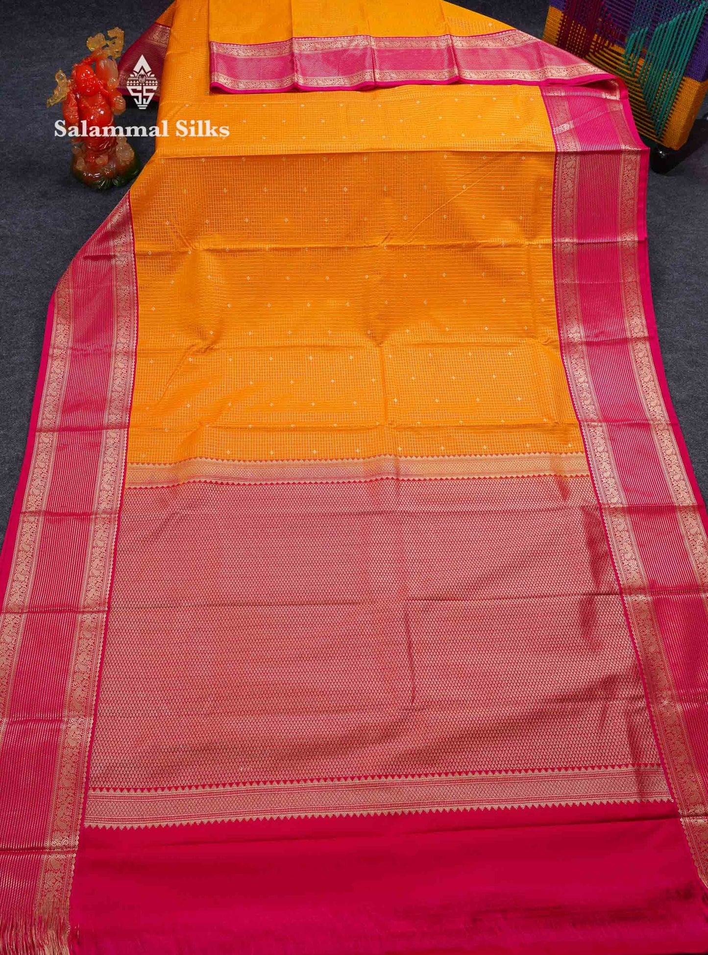 Beautiful Mango Yellow Small Zari Checks With Butta Semi Silk Saree With Contrast Pink Traditional Border