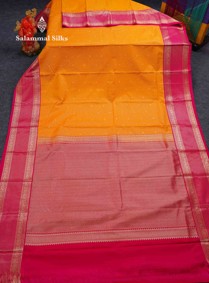 Beautiful Mango Yellow Small Zari Checks With Butta Semi Silk Saree With Contrast Pink Traditional Border