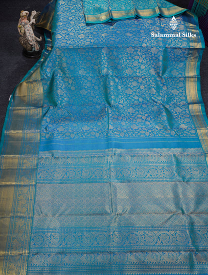 Peacock Blue Pure Kanjivaram Silk Saree (2G) Zari With Traditional Gold Zari Border