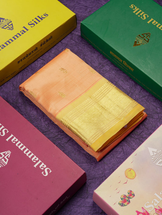 Beautiful Peach Pure Kanjivaram Silk Saree With Contrast Light Yellow One Side Traditional Border