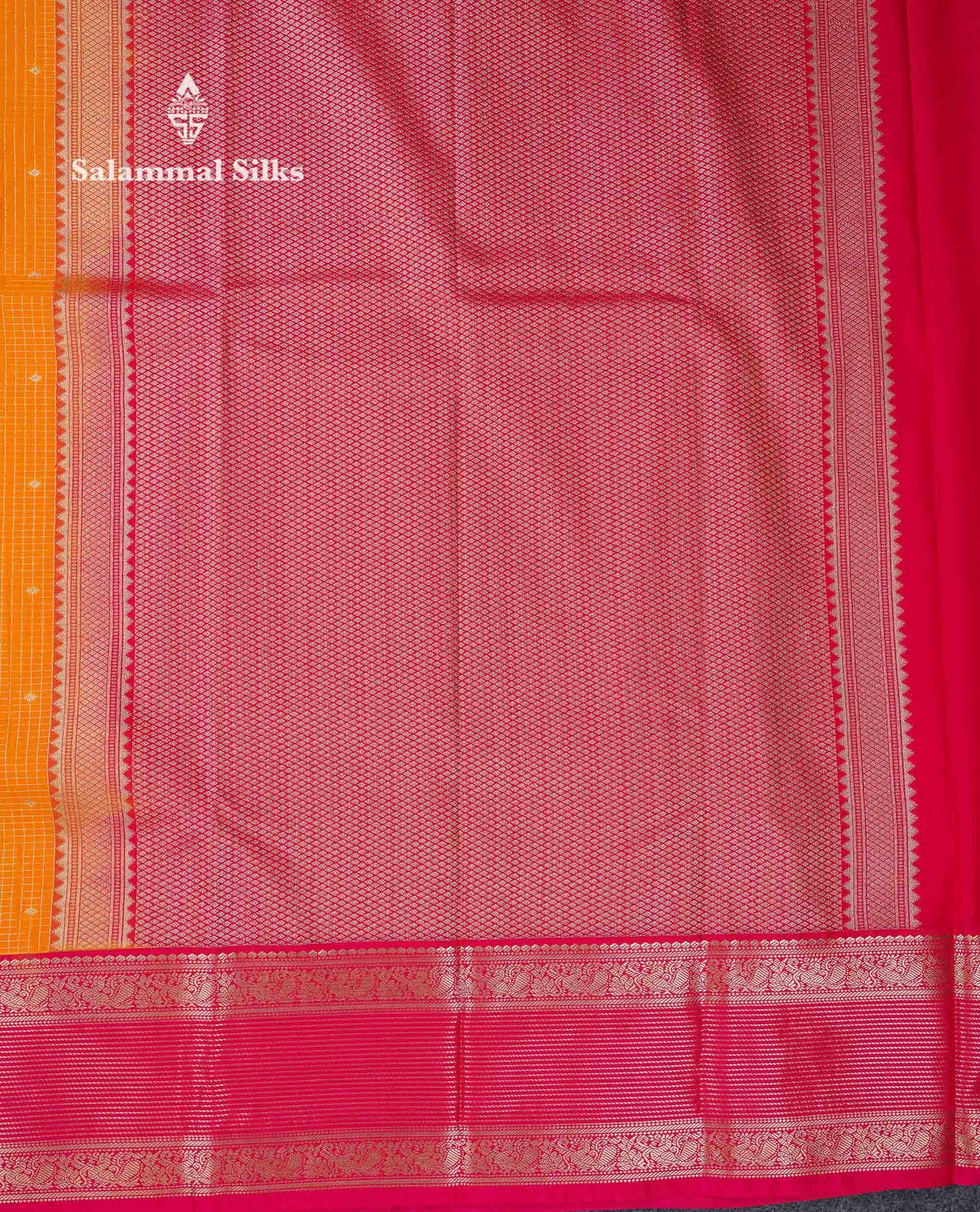 Beautiful Mango Yellow Small Zari Checks With Butta Semi Silk Saree With Contrast Pink Traditional Border