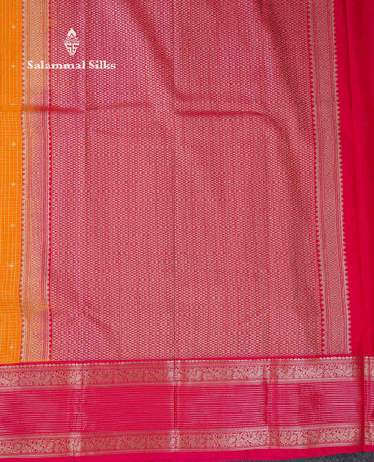 Beautiful Mango Yellow Small Zari Checks With Butta Semi Silk Saree With Contrast Pink Traditional Border