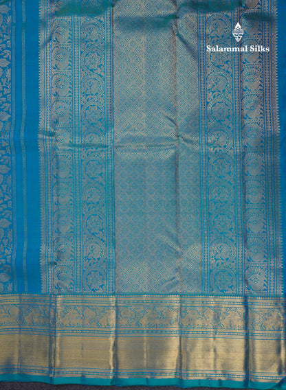 Peacock Blue Pure Kanjivaram Silk Saree (2G) Zari With Traditional Gold Zari Border