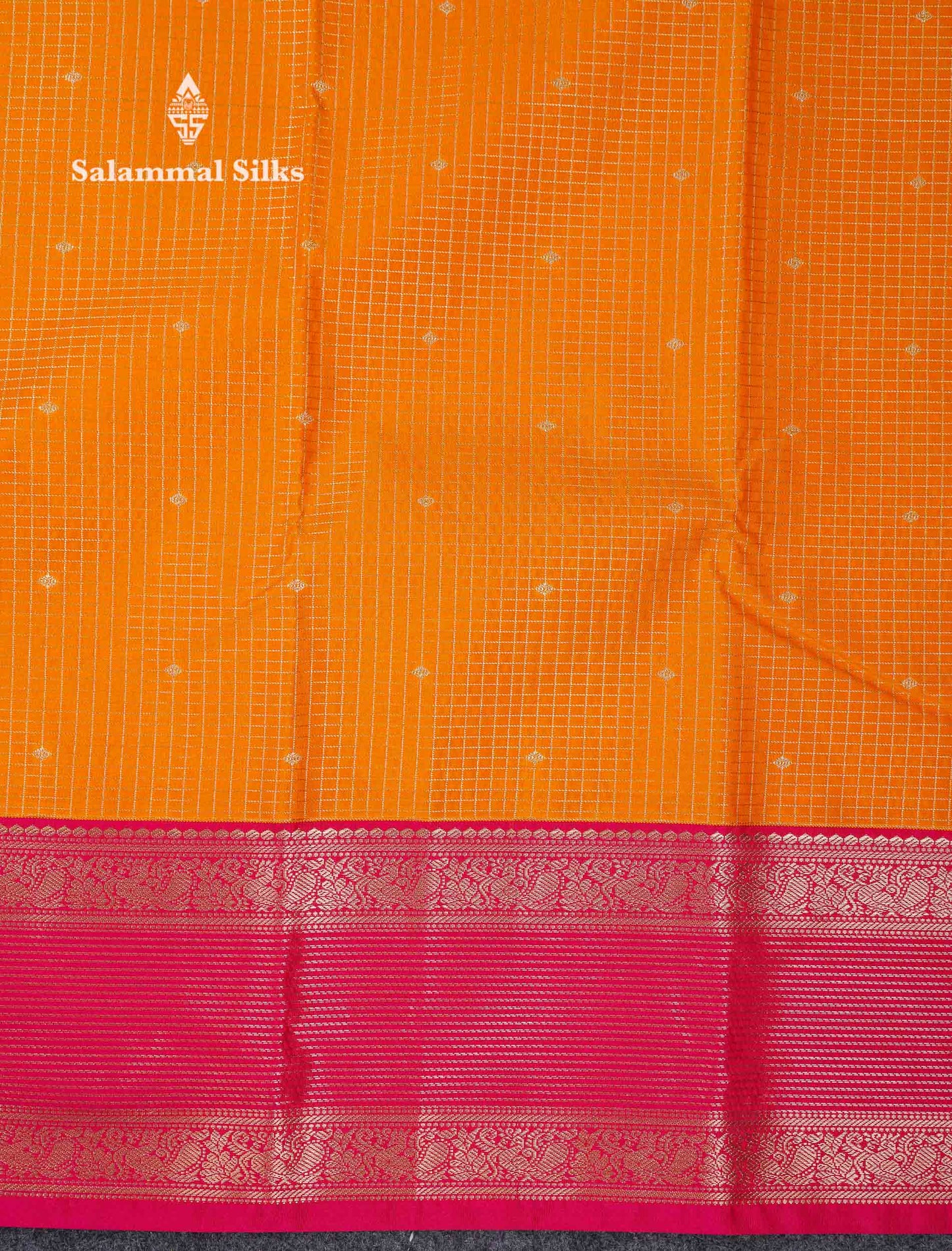 Beautiful Mango Yellow Small Zari Checks With Butta Semi Silk Saree With Contrast Pink Traditional Border