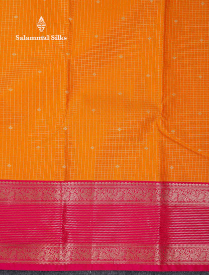Beautiful Mango Yellow Small Zari Checks With Butta Semi Silk Saree With Contrast Pink Traditional Border