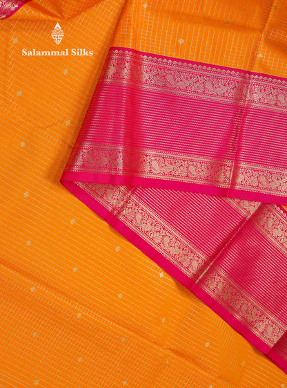 Beautiful Mango Yellow Small Zari Checks With Butta Semi Silk Saree With Contrast Pink Traditional Border
