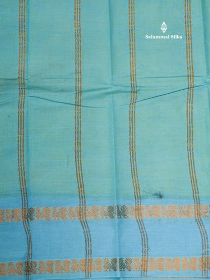Reddish Pink Pure Sungudi Cotton Saree With Contrast Sapphire Green Gap Border