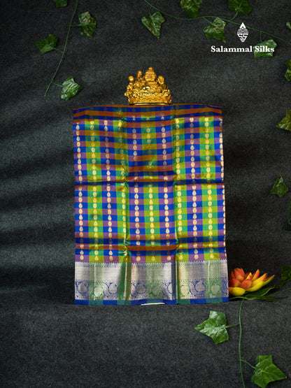 Pure Silk Pattu Pavadai (Multi Colour Checks) With  Blue Blouse 18"