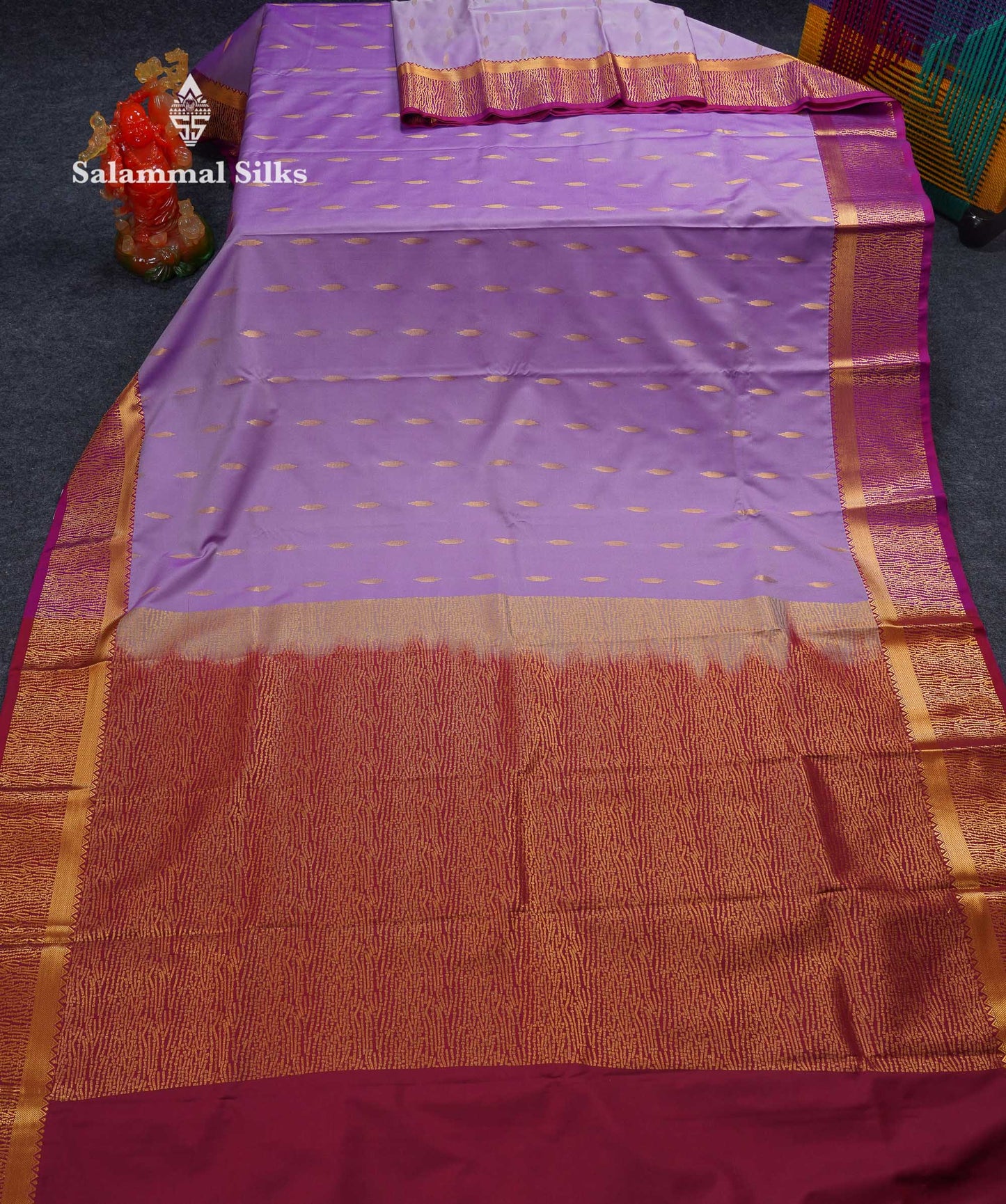 Beautiful Light Lavender Zari Butta Semi Silk Saree With Contrast Maroon Fancy Border