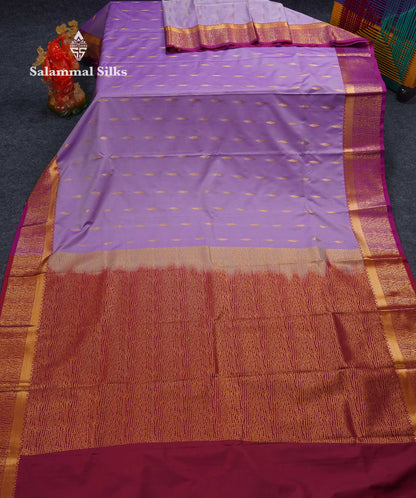 Beautiful Light Lavender Zari Butta Semi Silk Saree With Contrast Maroon Fancy Border