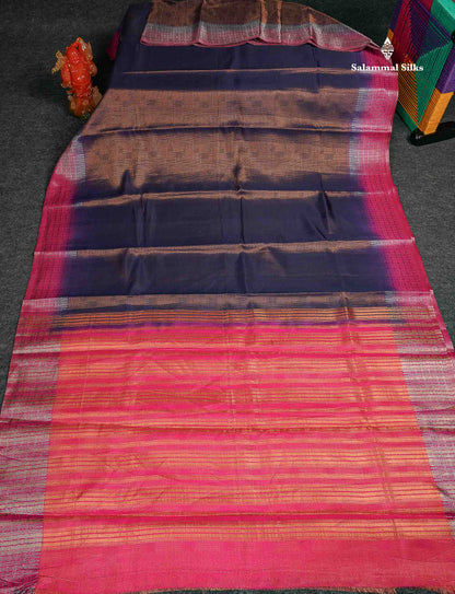 Semi Raw Silk Saree - Navy Blue Colour Body With Contrast Pink Fancy Border