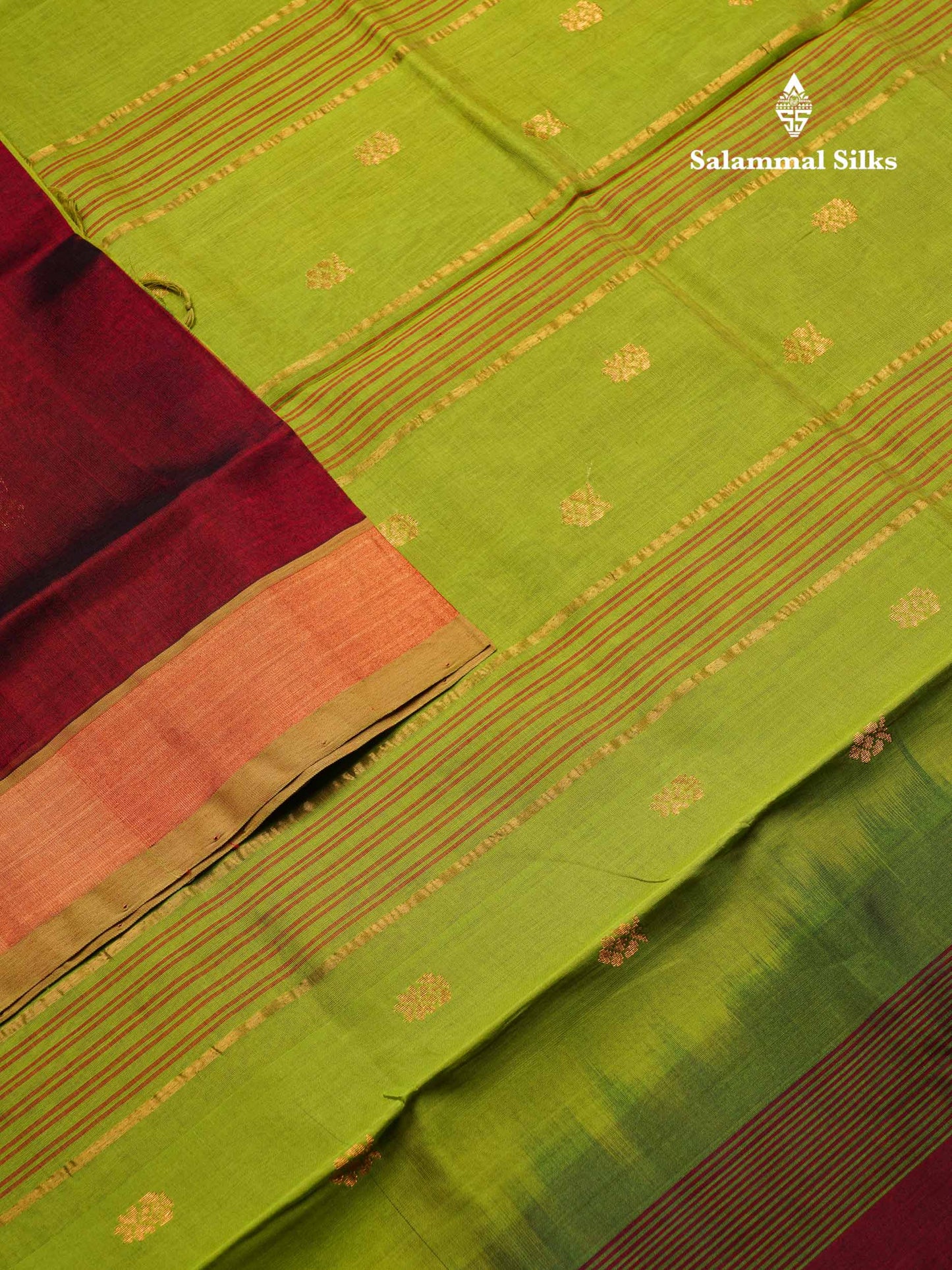 Dark Maroon Pure Silk Cotton Saree With Contrast Parrot Green Blouse