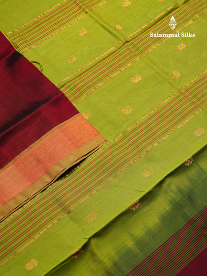 Dark Maroon Pure Silk Cotton Saree With Contrast Parrot Green Blouse