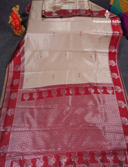 Beautiful Cream Sandal Small Checks Semi Silk Saree With Contrast Dark Maroon Fancy Border