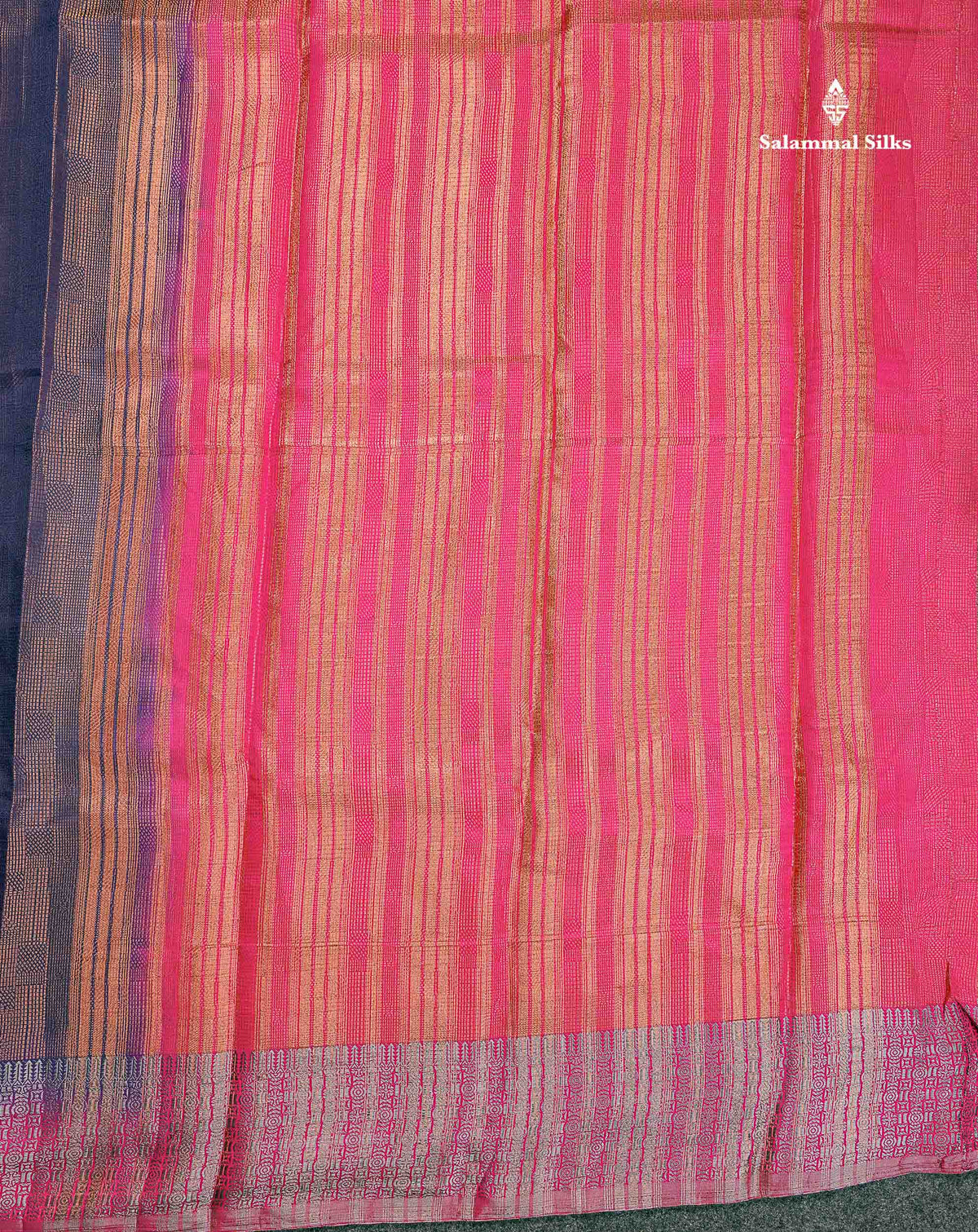 Semi Raw Silk Saree - Navy Blue Colour Body With Contrast Pink Fancy Border