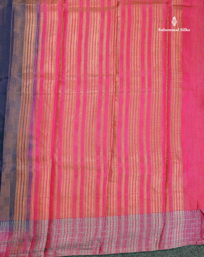Semi Raw Silk Saree - Navy Blue Colour Body With Contrast Pink Fancy Border