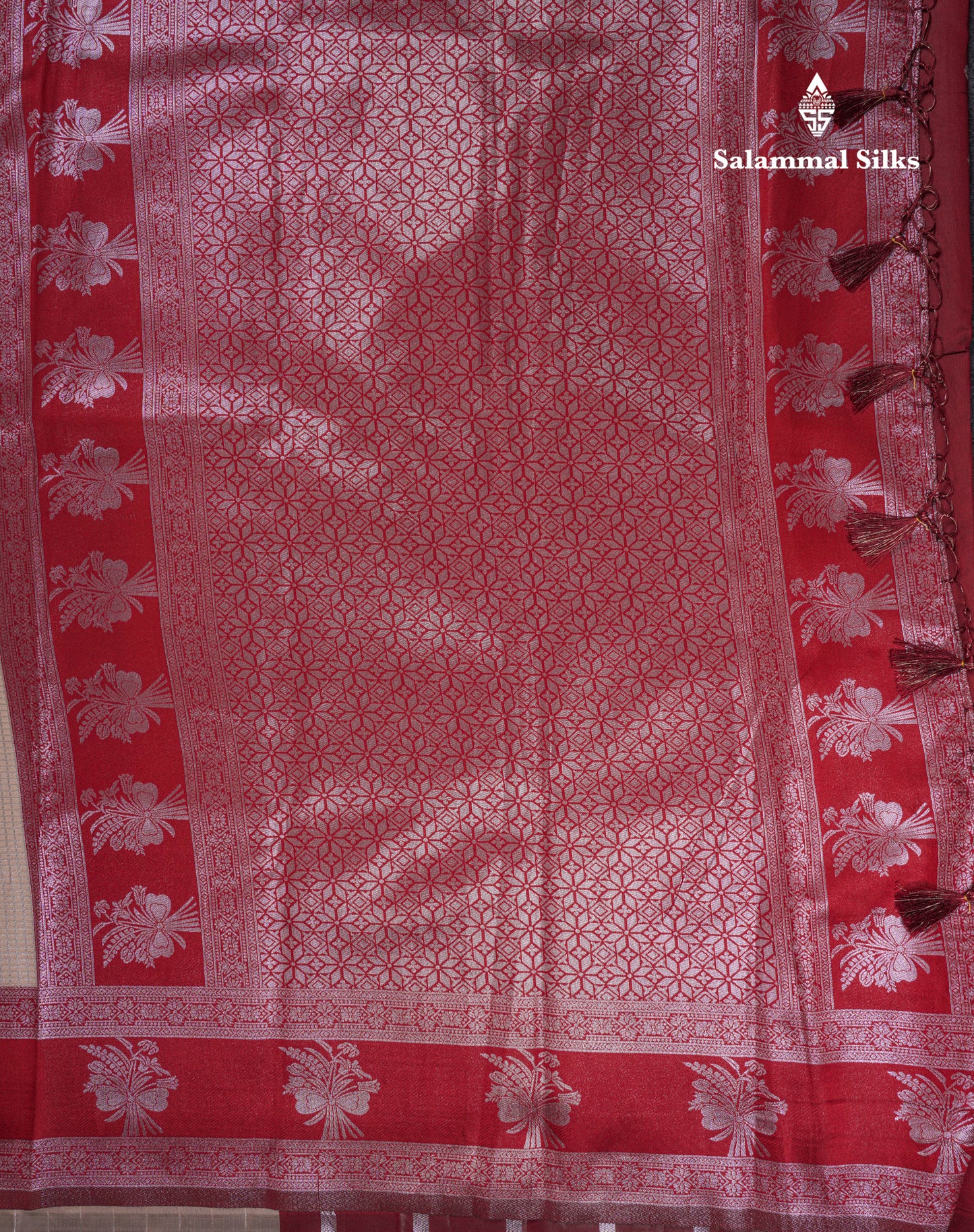 Beautiful Cream Sandal Small Checks Semi Silk Saree With Contrast Dark Maroon Fancy Border