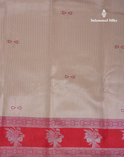 Beautiful Cream Sandal Small Checks Semi Silk Saree With Contrast Dark Maroon Fancy Border