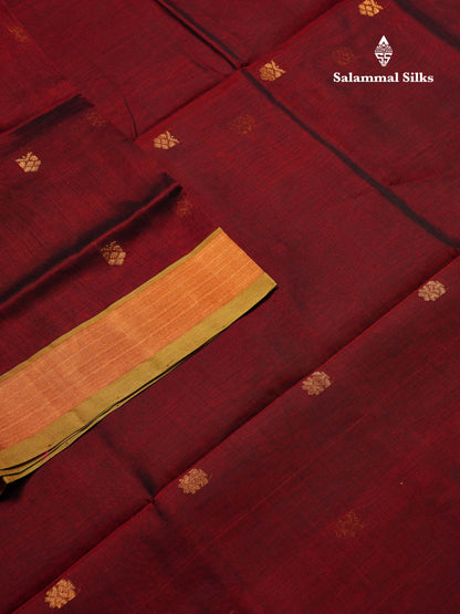 Dark Maroon Pure Silk Cotton Saree With Contrast Parrot Green Blouse