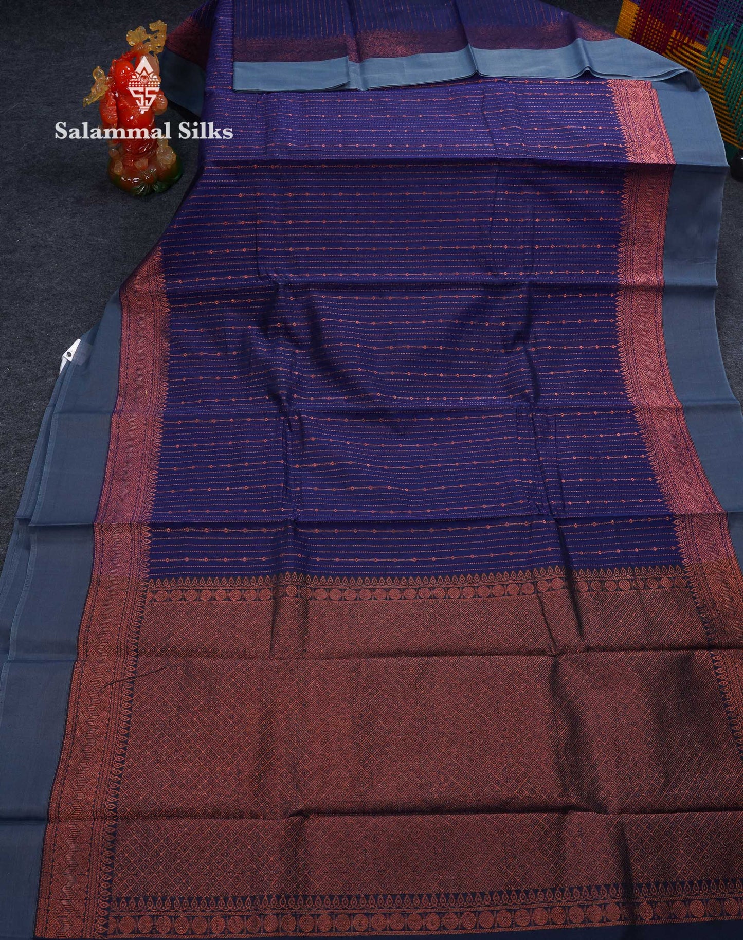Beautiful Dual Tone Navy Blue Copper Zari Lines With Butta Kota Cotton Saree With Contrast Grey Plain Border