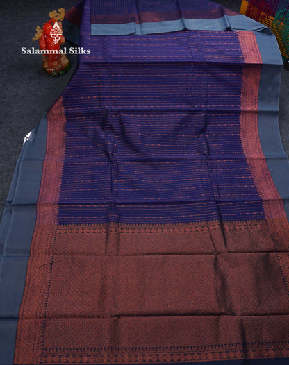 Beautiful Dual Tone Navy Blue Copper Zari Lines With Butta Kota Cotton Saree With Contrast Grey Plain Border