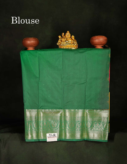 Semi Silk Pattu Pavadai - Pinkish Orange Colour Body With Contrast Green Blouse | 0-2 Years