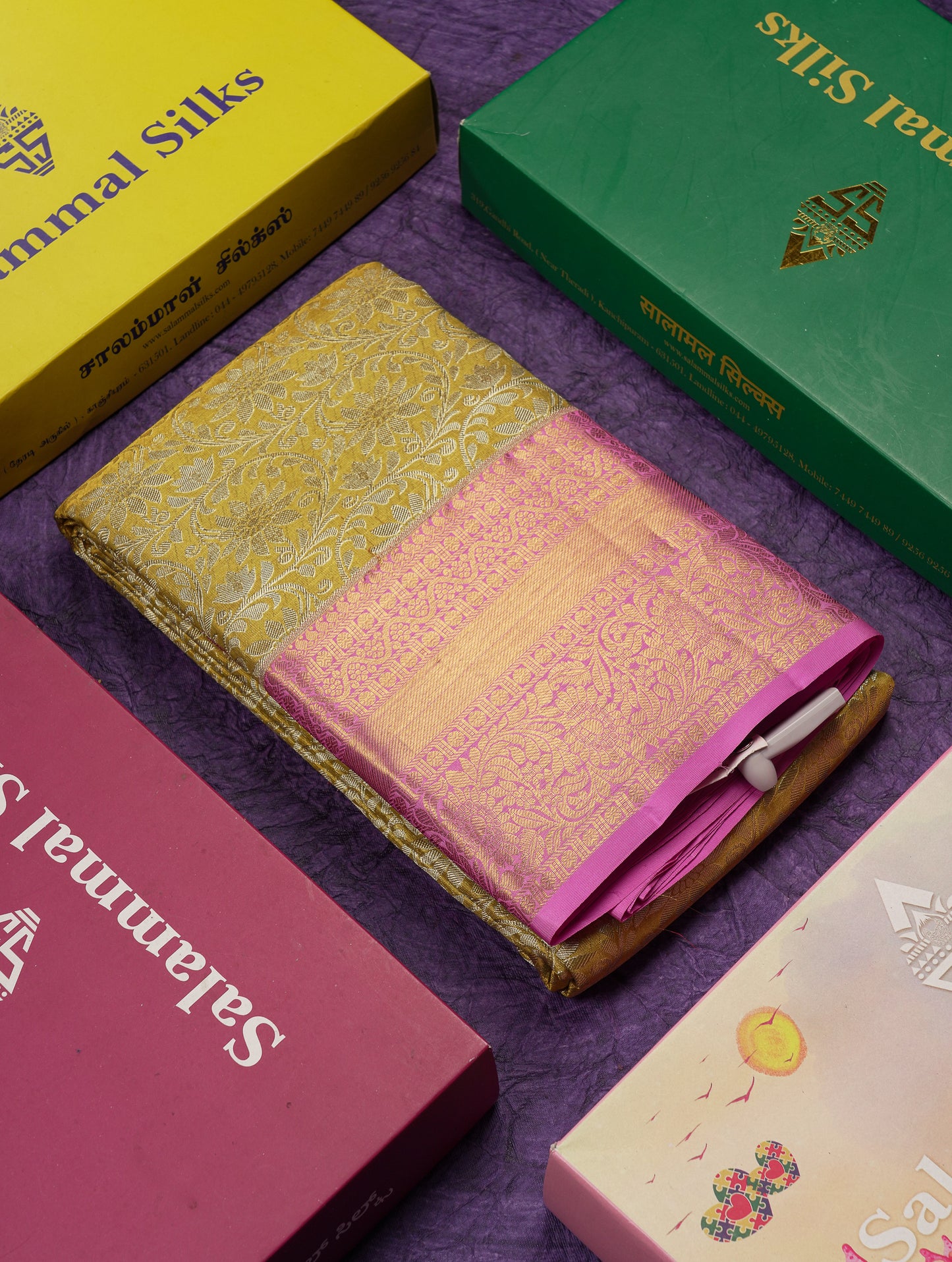 Beautiful Gold Tissue Bridal Pure Kanjivaram Silk Saree With Contrast Lavender Traditional Border